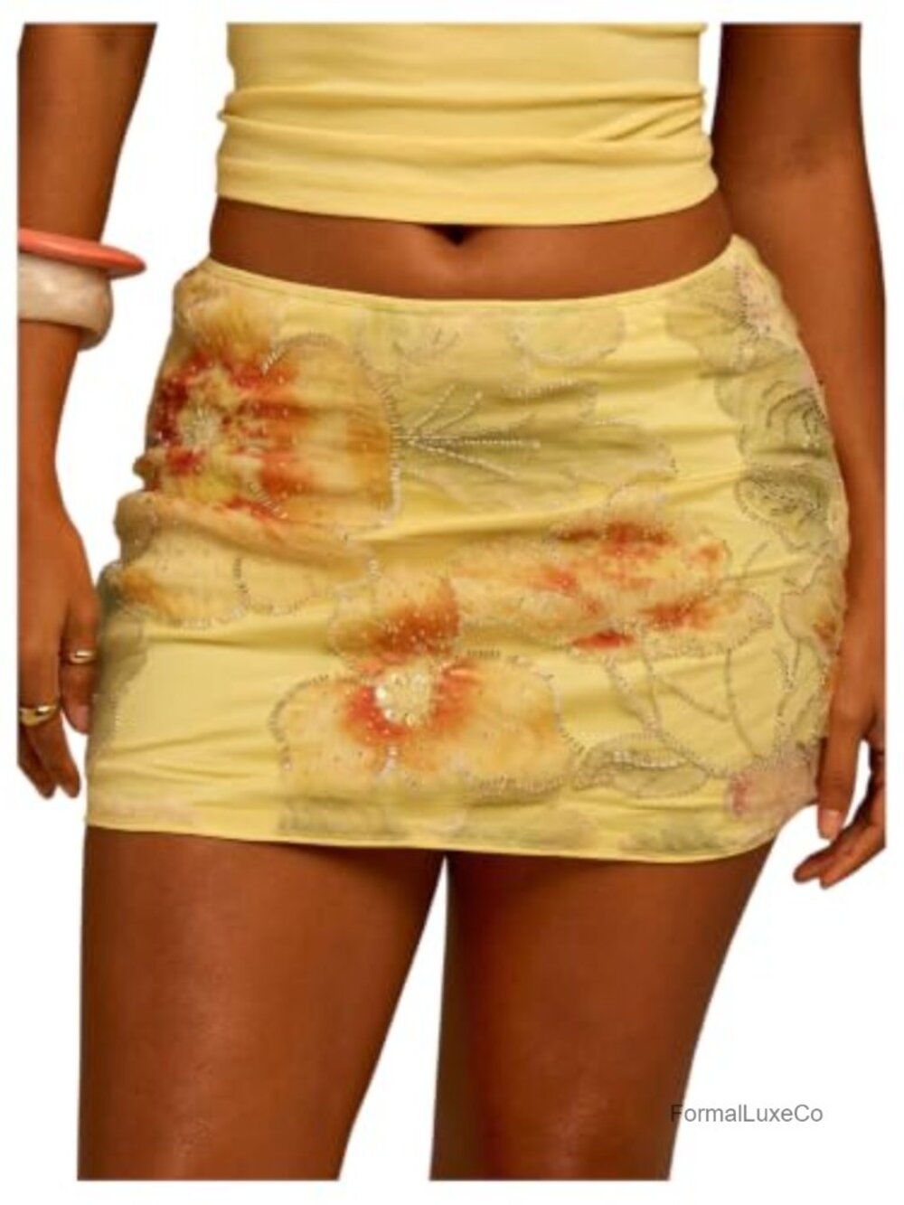 WDIRARA Women's Floral Beaded Mini Skirt Low Rise Bodycon Summer Party Club -